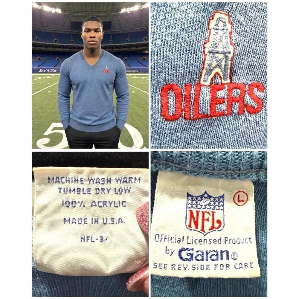 Houston Oilers Vintage Garan NFL Blue V Neck Pullover Sweater Made in USA Large
